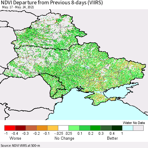 Ukraine, Moldova and Belarus NDVI Departure from Previous 8-days (VIIRS) Thematic Map For 5/17/2021 - 5/24/2021