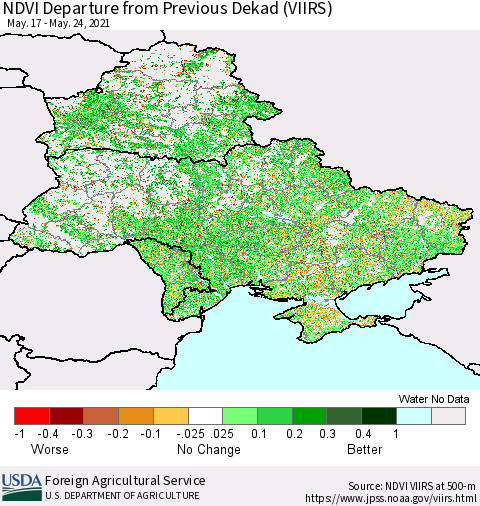 Ukraine, Moldova and Belarus NDVI Departure from Previous Dekad (VIIRS) Thematic Map For 5/21/2021 - 5/31/2021