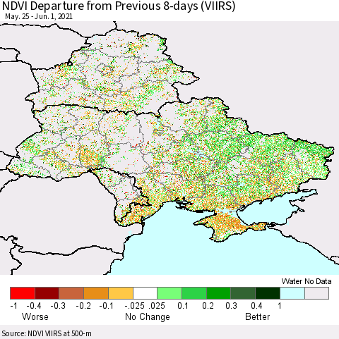 Ukraine, Moldova and Belarus NDVI Departure from Previous 8-days (VIIRS) Thematic Map For 5/25/2021 - 6/1/2021