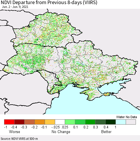 Ukraine, Moldova and Belarus NDVI Departure from Previous 8-days (VIIRS) Thematic Map For 6/2/2021 - 6/9/2021