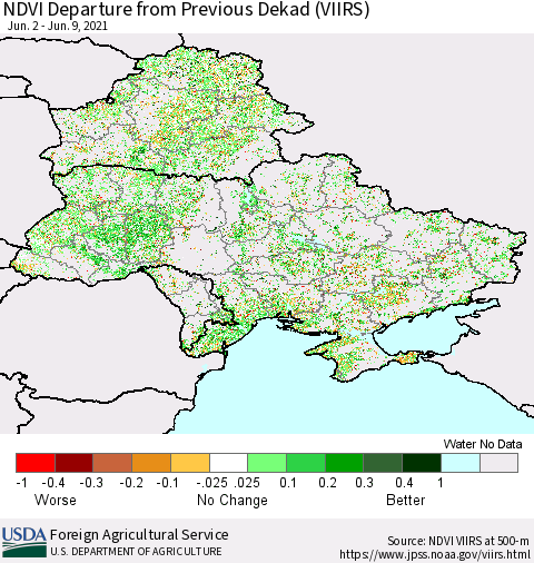 Ukraine, Moldova and Belarus NDVI Departure from Previous Dekad (VIIRS) Thematic Map For 6/1/2021 - 6/10/2021