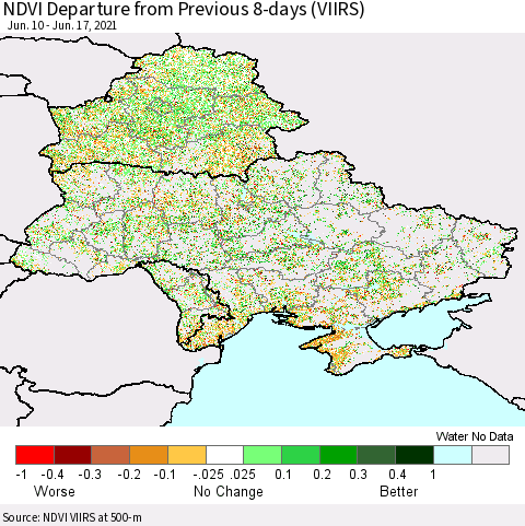 Ukraine, Moldova and Belarus NDVI Departure from Previous 8-days (VIIRS) Thematic Map For 6/10/2021 - 6/17/2021