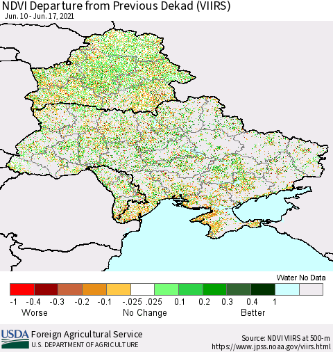 Ukraine, Moldova and Belarus NDVI Departure from Previous Dekad (VIIRS) Thematic Map For 6/11/2021 - 6/20/2021
