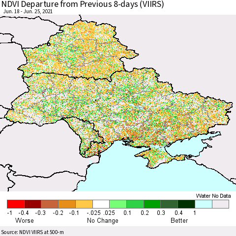 Ukraine, Moldova and Belarus NDVI Departure from Previous 8-days (VIIRS) Thematic Map For 6/18/2021 - 6/25/2021