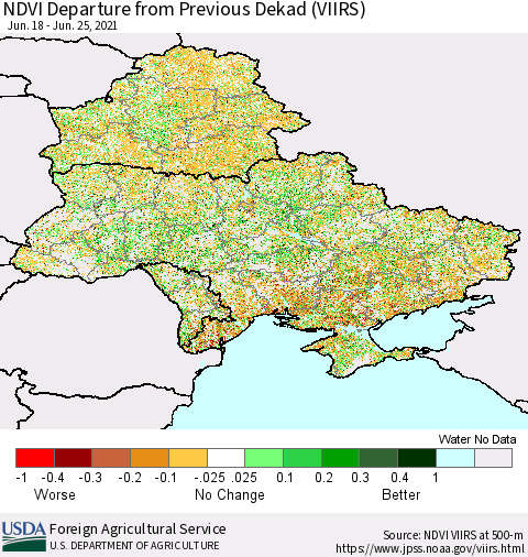 Ukraine, Moldova and Belarus NDVI Departure from Previous Dekad (VIIRS) Thematic Map For 6/21/2021 - 6/30/2021