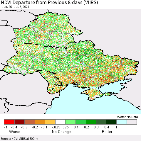 Ukraine, Moldova and Belarus NDVI Departure from Previous 8-days (VIIRS) Thematic Map For 6/26/2021 - 7/3/2021