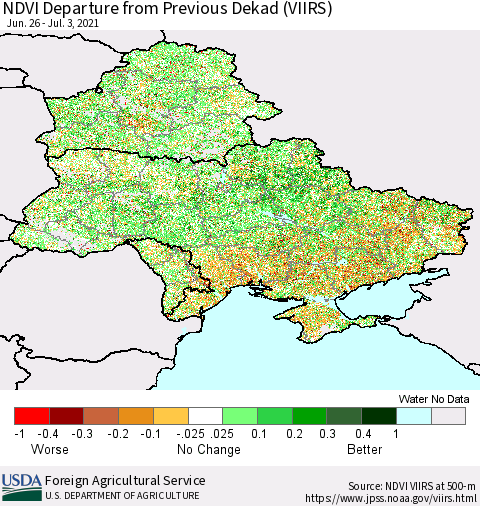 Ukraine, Moldova and Belarus NDVI Departure from Previous Dekad (VIIRS) Thematic Map For 7/1/2021 - 7/10/2021