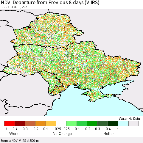 Ukraine, Moldova and Belarus NDVI Departure from Previous 8-days (VIIRS) Thematic Map For 7/4/2021 - 7/11/2021