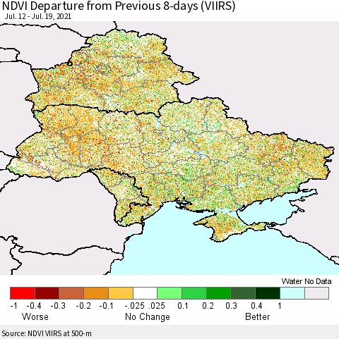 Ukraine, Moldova and Belarus NDVI Departure from Previous 8-days (VIIRS) Thematic Map For 7/12/2021 - 7/19/2021