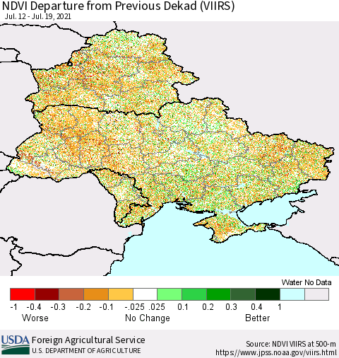 Ukraine, Moldova and Belarus NDVI Departure from Previous Dekad (VIIRS) Thematic Map For 7/11/2021 - 7/20/2021