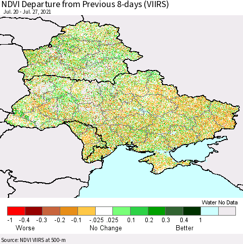 Ukraine, Moldova and Belarus NDVI Departure from Previous 8-days (VIIRS) Thematic Map For 7/20/2021 - 7/27/2021