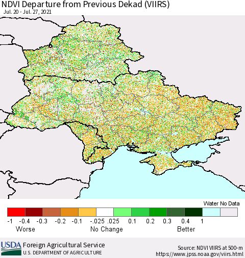 Ukraine, Moldova and Belarus NDVI Departure from Previous Dekad (VIIRS) Thematic Map For 7/21/2021 - 7/31/2021