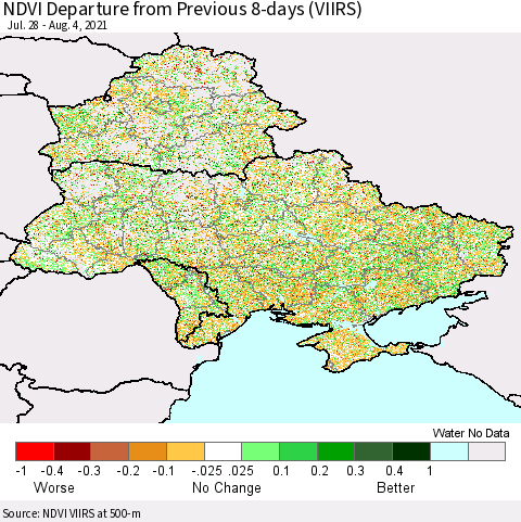 Ukraine, Moldova and Belarus NDVI Departure from Previous 8-days (VIIRS) Thematic Map For 7/28/2021 - 8/4/2021