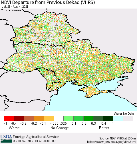 Ukraine, Moldova and Belarus NDVI Departure from Previous Dekad (VIIRS) Thematic Map For 8/1/2021 - 8/10/2021