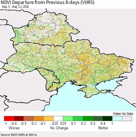 Ukraine, Moldova and Belarus NDVI Departure from Previous 8-days (VIIRS) Thematic Map For 8/5/2021 - 8/12/2021