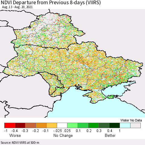 Ukraine, Moldova and Belarus NDVI Departure from Previous Dekad (VIIRS) Thematic Map For 8/11/2021 - 8/20/2021