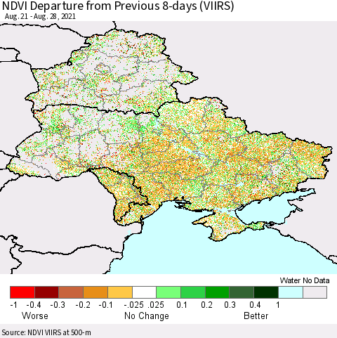 Ukraine, Moldova and Belarus NDVI Departure from Previous 8-days (VIIRS) Thematic Map For 8/21/2021 - 8/28/2021