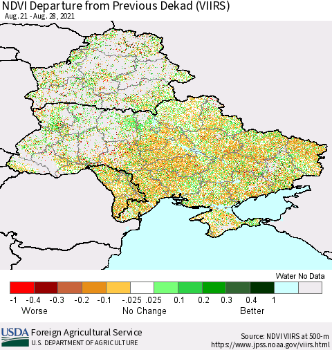 Ukraine, Moldova and Belarus NDVI Departure from Previous Dekad (VIIRS) Thematic Map For 8/21/2021 - 8/31/2021