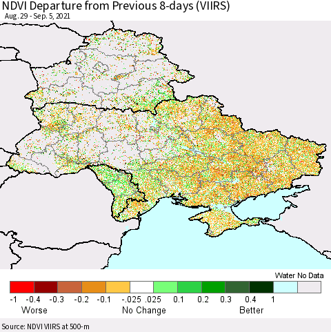 Ukraine, Moldova and Belarus NDVI Departure from Previous 8-days (VIIRS) Thematic Map For 8/29/2021 - 9/5/2021