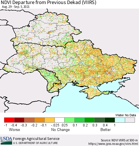 Ukraine, Moldova and Belarus NDVI Departure from Previous Dekad (VIIRS) Thematic Map For 9/1/2021 - 9/10/2021