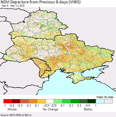 Ukraine, Moldova and Belarus NDVI Departure from Previous 8-days (VIIRS) Thematic Map For 9/6/2021 - 9/13/2021