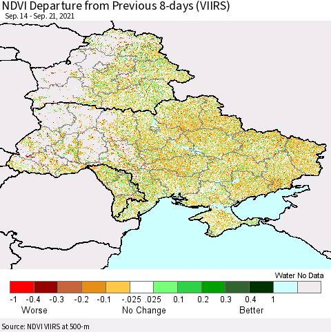 Ukraine, Moldova and Belarus NDVI Departure from Previous 8-days (VIIRS) Thematic Map For 9/14/2021 - 9/21/2021