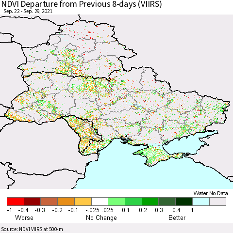 Ukraine, Moldova and Belarus NDVI Departure from Previous 8-days (VIIRS) Thematic Map For 9/22/2021 - 9/29/2021