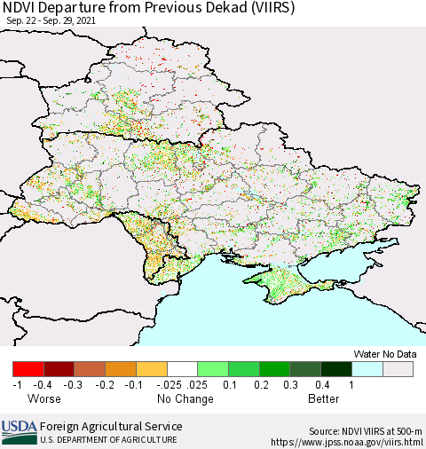 Ukraine, Moldova and Belarus NDVI Departure from Previous Dekad (VIIRS) Thematic Map For 9/21/2021 - 9/30/2021