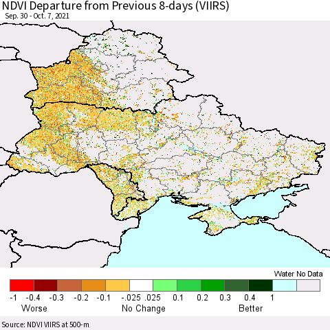 Ukraine, Moldova and Belarus NDVI Departure from Previous 8-days (VIIRS) Thematic Map For 9/30/2021 - 10/7/2021