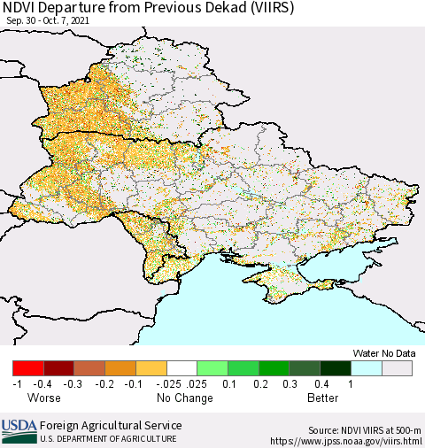 Ukraine, Moldova and Belarus NDVI Departure from Previous Dekad (VIIRS) Thematic Map For 10/1/2021 - 10/10/2021