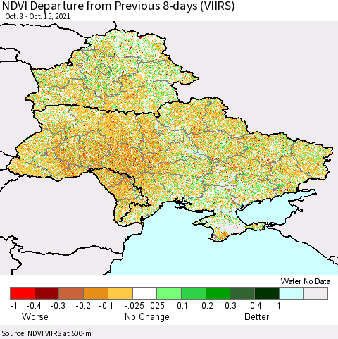 Ukraine, Moldova and Belarus NDVI Departure from Previous 8-days (VIIRS) Thematic Map For 10/8/2021 - 10/15/2021