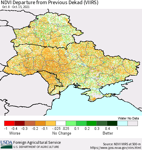 Ukraine, Moldova and Belarus NDVI Departure from Previous Dekad (VIIRS) Thematic Map For 10/11/2021 - 10/20/2021
