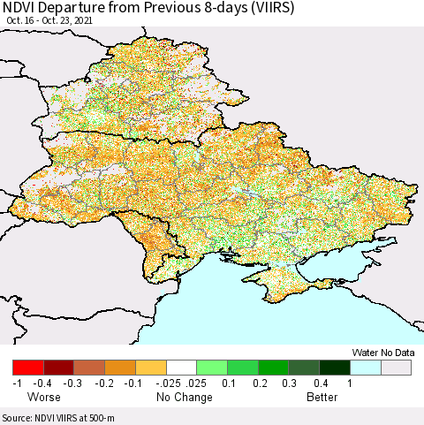 Ukraine, Moldova and Belarus NDVI Departure from Previous 8-days (VIIRS) Thematic Map For 10/16/2021 - 10/23/2021