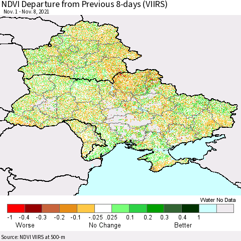 Ukraine, Moldova and Belarus NDVI Departure from Previous 8-days (VIIRS) Thematic Map For 11/1/2021 - 11/8/2021