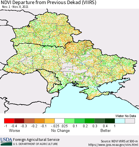 Ukraine, Moldova and Belarus NDVI Departure from Previous Dekad (VIIRS) Thematic Map For 11/1/2021 - 11/10/2021