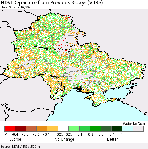 Ukraine, Moldova and Belarus NDVI Departure from Previous 8-days (VIIRS) Thematic Map For 11/9/2021 - 11/16/2021