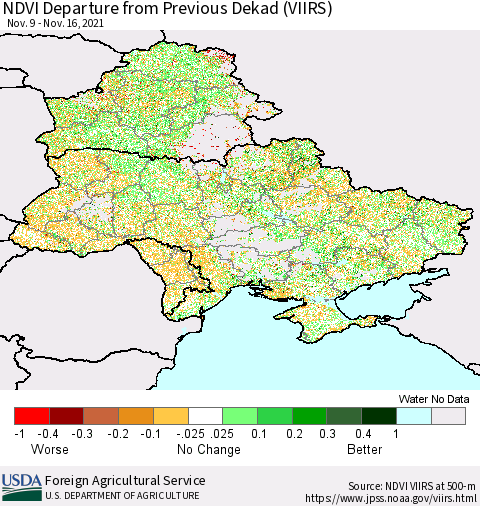Ukraine, Moldova and Belarus NDVI Departure from Previous Dekad (VIIRS) Thematic Map For 11/11/2021 - 11/20/2021