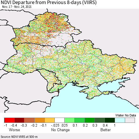 Ukraine, Moldova and Belarus NDVI Departure from Previous 8-days (VIIRS) Thematic Map For 11/17/2021 - 11/24/2021