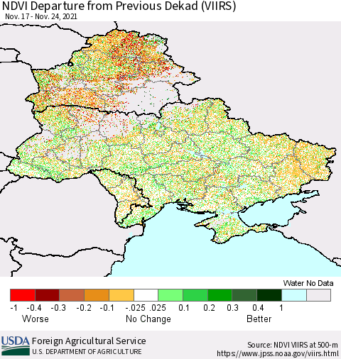 Ukraine, Moldova and Belarus NDVI Departure from Previous Dekad (VIIRS) Thematic Map For 11/21/2021 - 11/30/2021