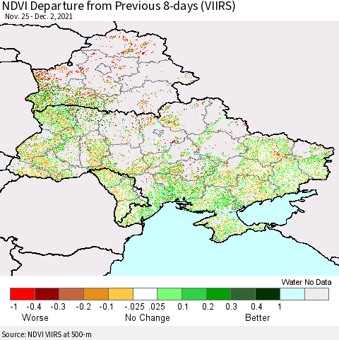 Ukraine, Moldova and Belarus NDVI Departure from Previous 8-days (VIIRS) Thematic Map For 11/25/2021 - 12/2/2021