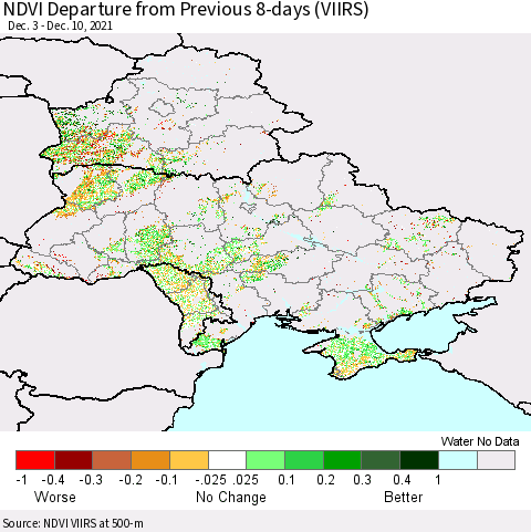 Ukraine, Moldova and Belarus NDVI Departure from Previous Dekad (VIIRS) Thematic Map For 12/1/2021 - 12/10/2021