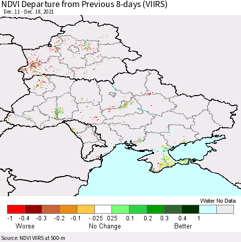 Ukraine, Moldova and Belarus NDVI Departure from Previous 8-days (VIIRS) Thematic Map For 12/11/2021 - 12/18/2021