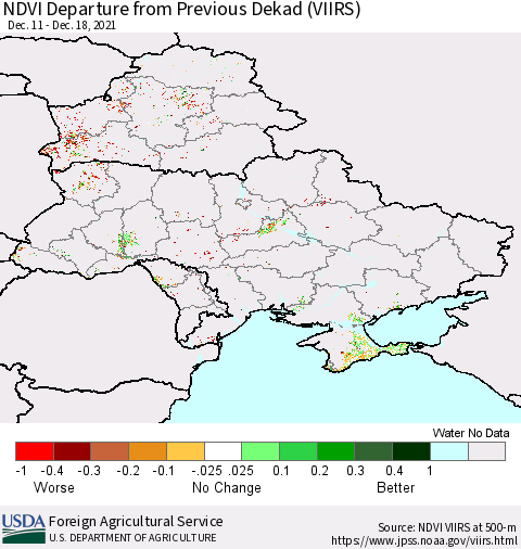 Ukraine, Moldova and Belarus NDVI Departure from Previous Dekad (VIIRS) Thematic Map For 12/11/2021 - 12/20/2021