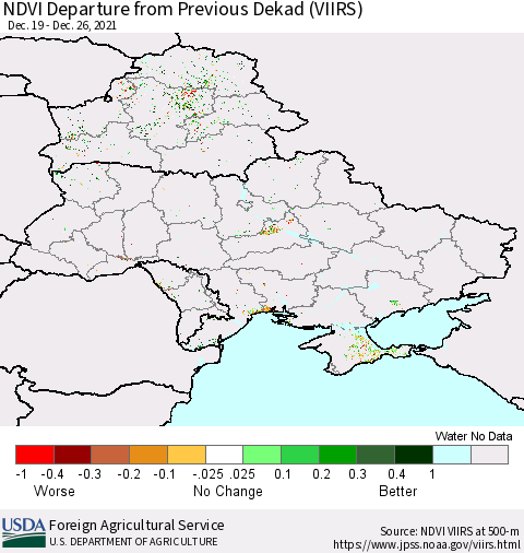 Ukraine, Moldova and Belarus NDVI Departure from Previous Dekad (VIIRS) Thematic Map For 12/21/2021 - 12/31/2021