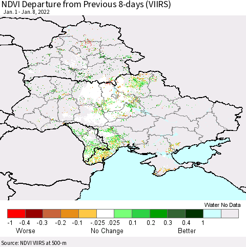 Ukraine, Moldova and Belarus NDVI Departure from Previous 8-days (VIIRS) Thematic Map For 1/1/2022 - 1/8/2022