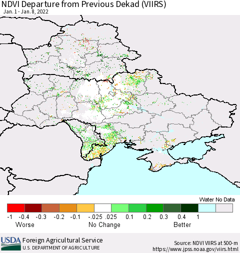 Ukraine, Moldova and Belarus NDVI Departure from Previous Dekad (VIIRS) Thematic Map For 1/1/2022 - 1/10/2022