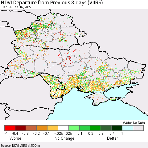 Ukraine, Moldova and Belarus NDVI Departure from Previous 8-days (VIIRS) Thematic Map For 1/9/2022 - 1/16/2022