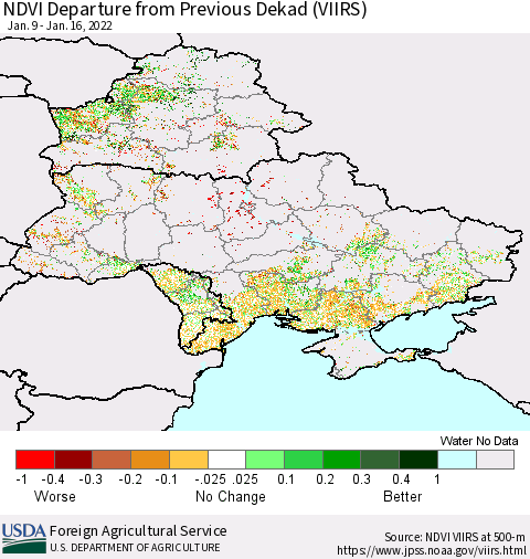 Ukraine, Moldova and Belarus NDVI Departure from Previous Dekad (VIIRS) Thematic Map For 1/11/2022 - 1/20/2022