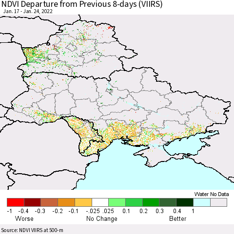 Ukraine, Moldova and Belarus NDVI Departure from Previous 8-days (VIIRS) Thematic Map For 1/17/2022 - 1/24/2022