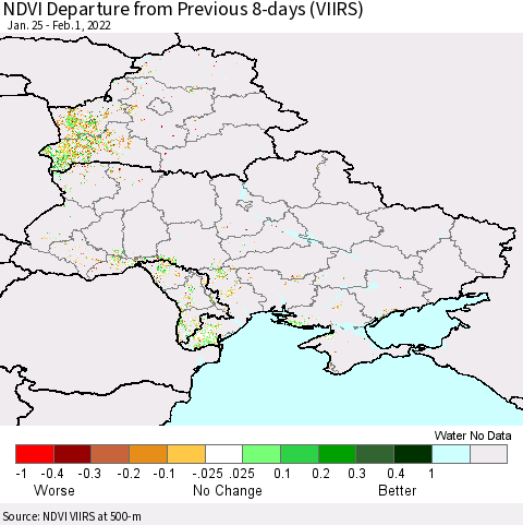 Ukraine, Moldova and Belarus NDVI Departure from Previous 8-days (VIIRS) Thematic Map For 1/25/2022 - 2/1/2022